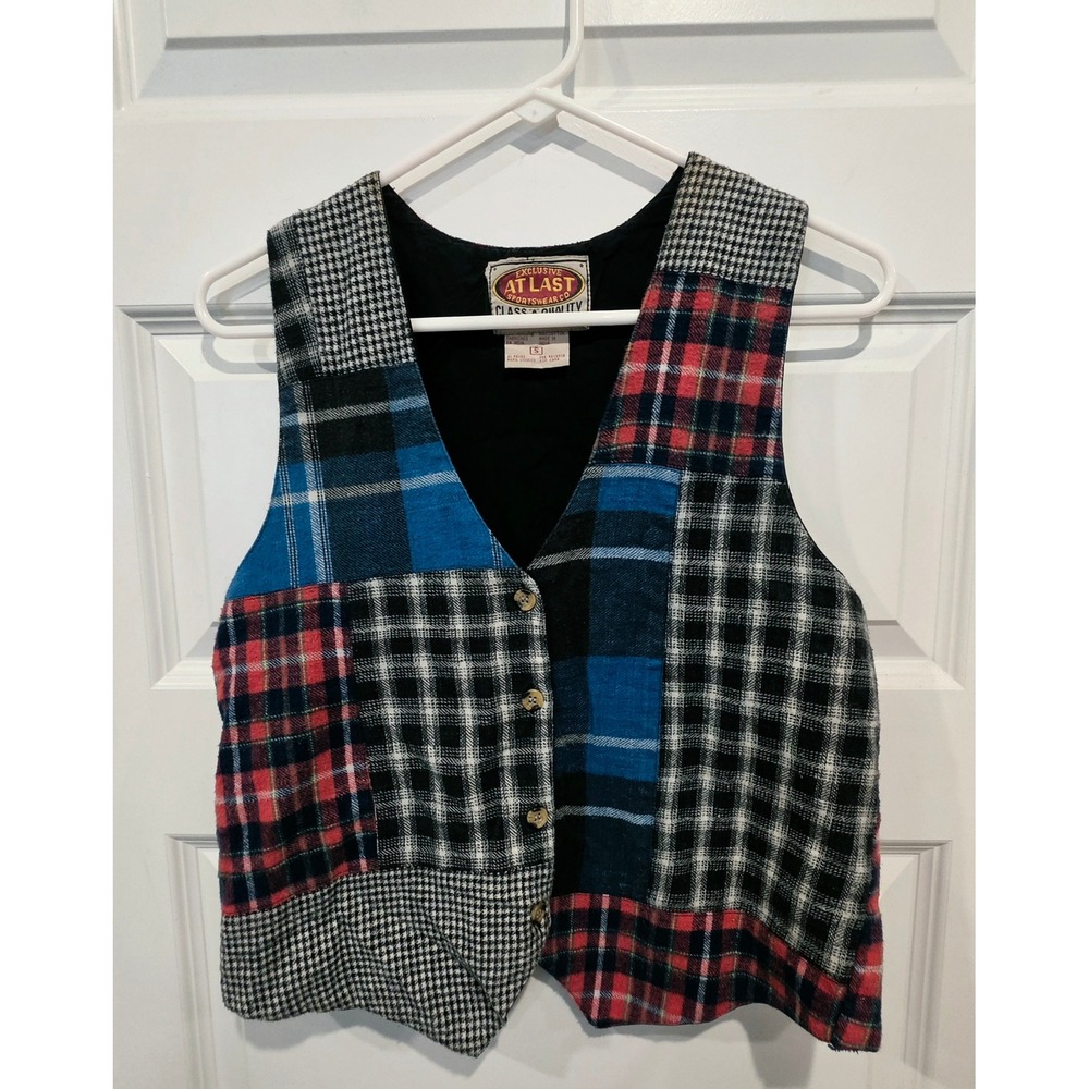 At Last Vest Womens S Multicolor Cotton Patchwork Boho Plaid Y2K Vintage Grunge